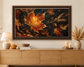Gold Maple Leaf Lantern Thanksgiving Frame TV Art, Wheat Autumn Impasto Painting, Textured 4K