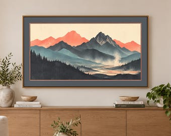Mountain Frame TV Art, Coral Peaks in Mist, Japanese Woodblock Print Style, 4K