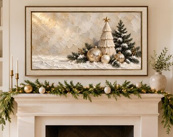 Marco de árbol de Navidad texturizado en color crema dorado, protector de pantalla navideño con efecto impasto (4K)
