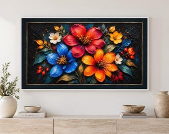 Arte para TV con marco floral negro, pintura al óleo con técnica impasto, flores con textura llamativa, 4K (descarga digital)