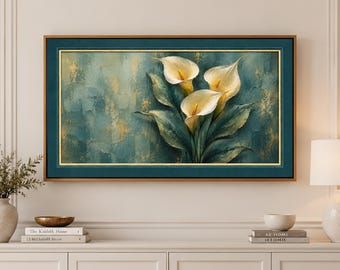 Teal Calla Lily Frame TV Art, Impasto Oil Painting Flowers, Gold Accents, 4K (Digital Download)