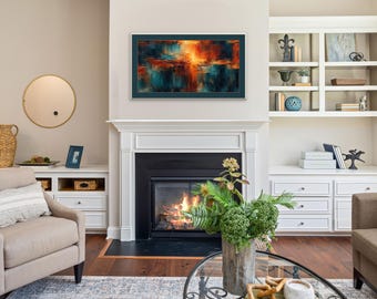 Abstract Frame TV Art, Teal and Burnt Orange Impasto, Textured Oil Painting, 4K