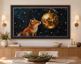 Gold Ornament Fox Christmas Frame TV Art, Snowy Night Impasto Painting, Winter Holiday, 4K