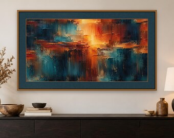Abstract Frame TV Art, Teal and Burnt Orange Impasto, Textured Oil Painting, 4K