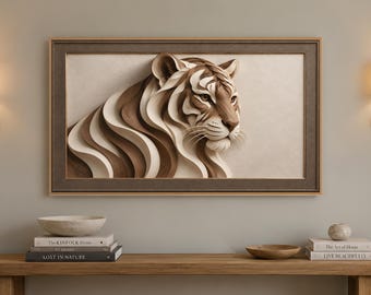 3D Relief Tiger Frame TV Art, Layered Walnut and Ivory, 4K JPEG (Digital Download)