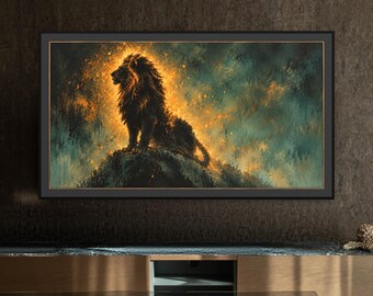 Moody Lion Frame TV Art, Golden Hour Lion, Teal and Gold Impasto Painting, 4K