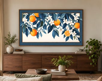 Orange Tree Frame TV Art, Orange Blossom Branches, Navy Botanical Gouache, 4K