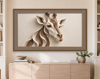 Giraffe Frame TV Art, Ivory and Walnut Giraffe, 3D Relief Wall Art, 4K