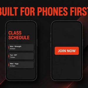 Pode incluir: Dois smartphones exibidos contra um fundo escuro com o texto BUILT FOR PHONES FIRST. A tela esquerda mostra um CLASS SCHEDULE com Mon Strength, Tue HIIT e Wed Yoga. A tela direita apresenta um botão vermelho com JOIN NOW.