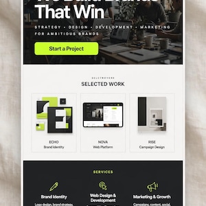 Pode incluir: Uma página de destino de site para Vantage com cabeçalho escuro, seção principal com o texto We Build Brands That Win, botão verde-limão Start a Project, seção Selected Work e visão geral dos serviços.