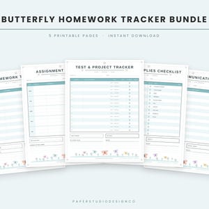 Butterfly Homework Tracker Printable, Kids Assignment Planner, Test Tracker, School Supplies Checklist, Teacher Log, Girls School PDF