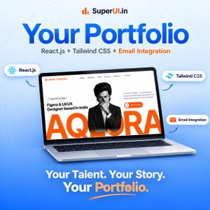 Könnte beinhalten: Ein Laptop zeigt die professionelle Portfolio-Website von Akhil Thadaka, einem Figma- und UI/UX-Designer. Der Bildschirm enthält ein Schwarz-Weiß-Porträt, großen orangefarbenen Text und Navigationsmenüs. Symbole für React.js, Tailwind CSS und Email Integration umgeben den Laptop.