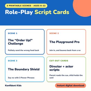 May include: A set of printable role-play script cards for ages 6-12, featuring three scenes: The Order Up! Challenge, The Playground Pro, and The Boundary Shield, plus cut-out director and actor scripts with cues for parents and children.