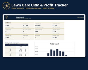 Modello CRM Excel per la cura del prato / Monitoraggio clienti per il taglio dell'erba / Entrate ricorrenti / Calcolatore di preventivi / Pianificatore di percorsi / Video tutorial