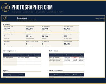 Photographer CRM Excel Template | Photography Client Tracker | Bookings and Galleries | Package Builder | Proposal | Client Questionnaire