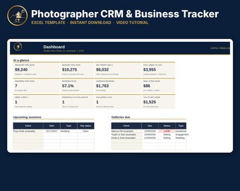 Modello CRM Excel per fotografi / Gestione clienti / Prenotazioni e gallerie / Creazione pacchetti / Preventivi / Video tutorial