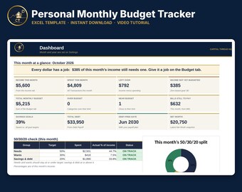 Modello di foglio di calcolo Excel per il budget mensile / Pianificatore di budget 50/30/20 / Monitoraggio delle spese / Finanza personale / Video tutorial