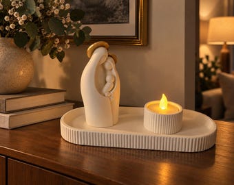 Minimalist Nativity Set with Tray & Tealight Holder, Scandinavian Holy Family Christmas Decor, Modern Nativity Scene, Christmas Gift