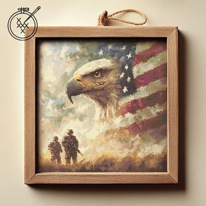 May include: A framed cross-stitch artwork featuring a bald eagle with its wings spread wide, partially obscured by an American flag. Two soldiers stand in the foreground, with a cloudy sky in the background.