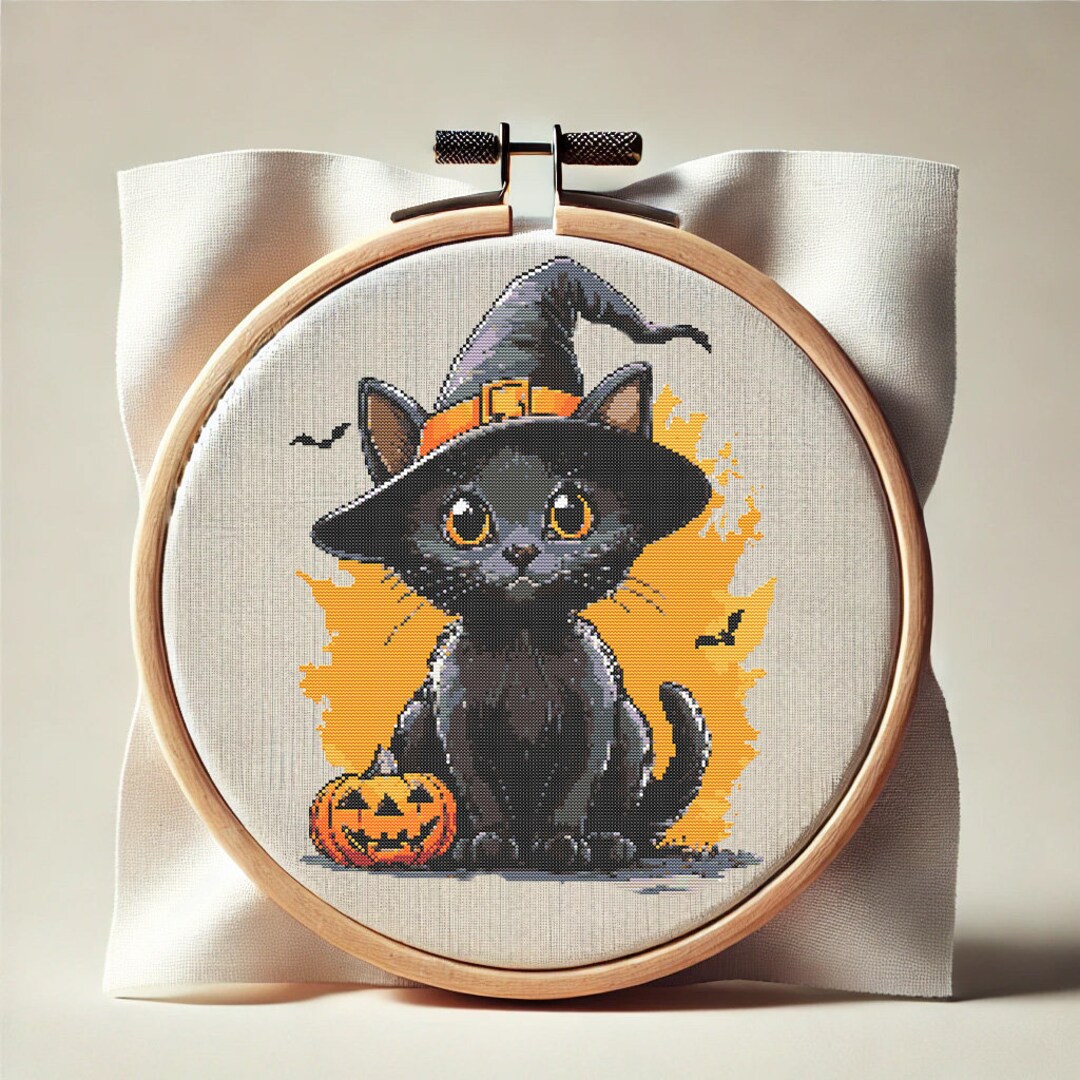 Halloween Black Cat Cross Stitch Pattern | Witch Costume (PDF) - Etsy