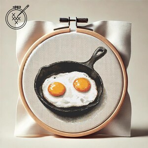 May include: A cross-stitch embroidery hoop with a white fabric background. The fabric depicts a black cast iron skillet with two fried eggs inside.
