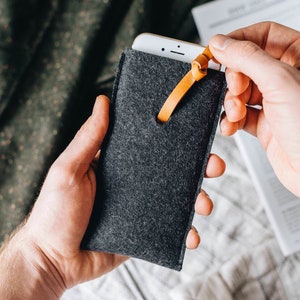 Refined iPhone 15 Case for the Mindful Individual, Brown Leather & Anthracite Wool Felt, Easy Pull-Out Leather String Knot image 1