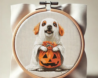 Patrón de punto de cruz de fantasma de perro de Halloween: Bordado fácil (PDF)