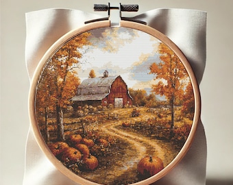 Autumn Barn Cross Stitch Pattern: Pumpkin Harvest, Nature Scene (PDF)