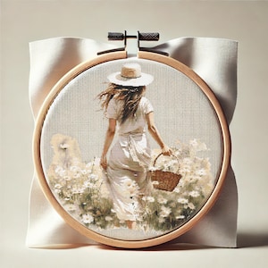 May include: A woman in a white dress and straw hat walks through a field of white flowers, carrying a wicker basket.