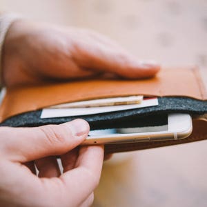 Sophisticated Brown Leather iPhone 15 Wallet: Card Slot, Secure Cap Closure, Natural Wool Felt, Minimalist Design, Premium Leather Carrier image 7