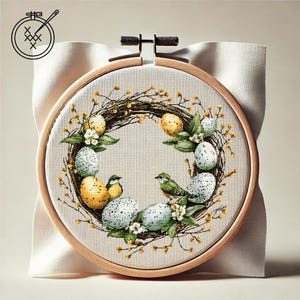 May include: A cross-stitch embroidery hoop with a wreath of twigs, leaves, and colorful eggs. Two small birds are perched on the wreath. The wreath is surrounded by a white background.