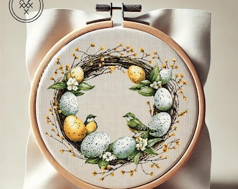 Easter Willow Wreath Cross Stitch Pattern: Spring Birds, Eggs (PDF)