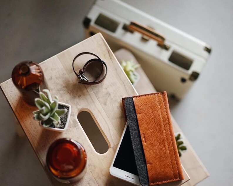 Sophisticated Brown Leather iPhone 15 Wallet: Card Slot, Secure Cap Closure, Natural Wool Felt, Minimalist Design, Premium Leather Carrier image 2