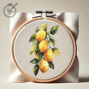 May include: A cross-stitch embroidery hoop with a design of a branch of lemons with green leaves. The lemons are yellow and have a realistic appearance.