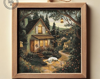 Cozy Countryside Cottage Cross Stitch PDF Pattern | Charming Village Scene with Dog