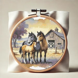 Animal Cross Stitch Pattern (PDF) &quot;Horse Family&quot; | Easy to Follow | Horse lover | DMC Threads Pattern
