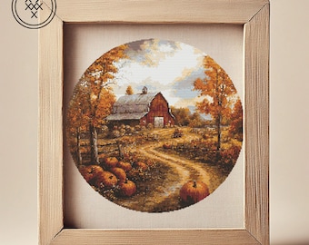 Autumn Barn Cross Stitch Pattern: Pumpkin Harvest, Nature Scene (PDF)