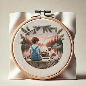 Sunset Fishing Cross Stitch Pattern: Boy and Dog (PDF)
