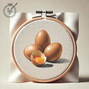 Puede incluir: Un primer plano de un bordado de punto de cruz de cuatro huevos marrones, uno de los cuales está roto, revelando una yema de huevo amarilla brillante. El bordado está enmarcado en un aro de madera.