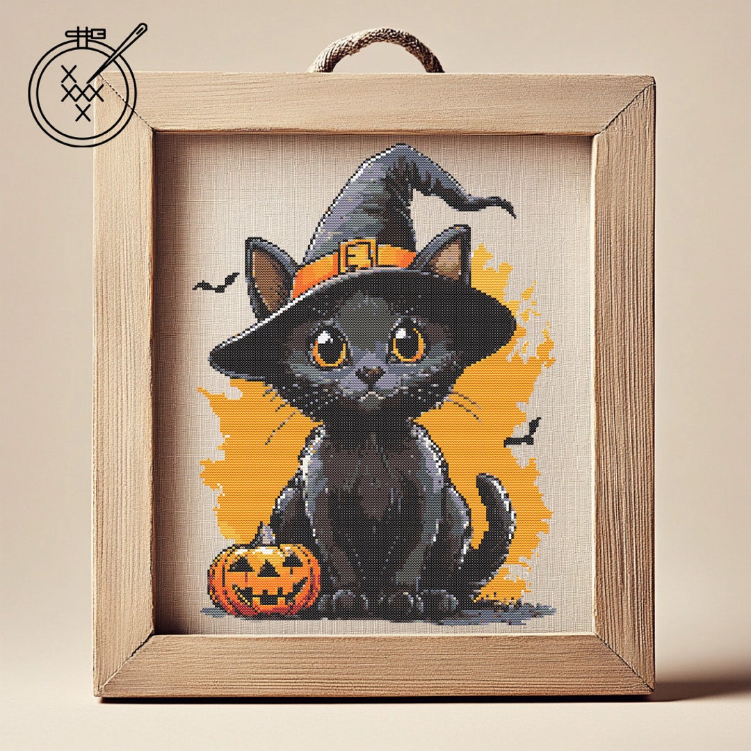 Halloween Cat Cross Stitch Pattern | Black Cat With Pumpkin (PDF) - Etsy