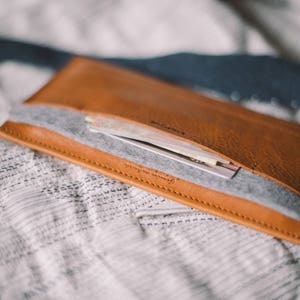 Sophisticated Brown Leather iPhone 15 Wallet: Card Slot, Secure Cap Closure, Natural Wool Felt, Minimalist Design, Premium Leather Carrier image 6