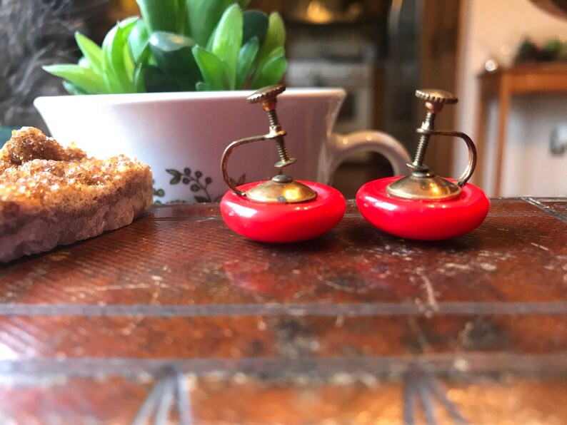 Antique Red Bakelite Screw Back Earrings 1930s
