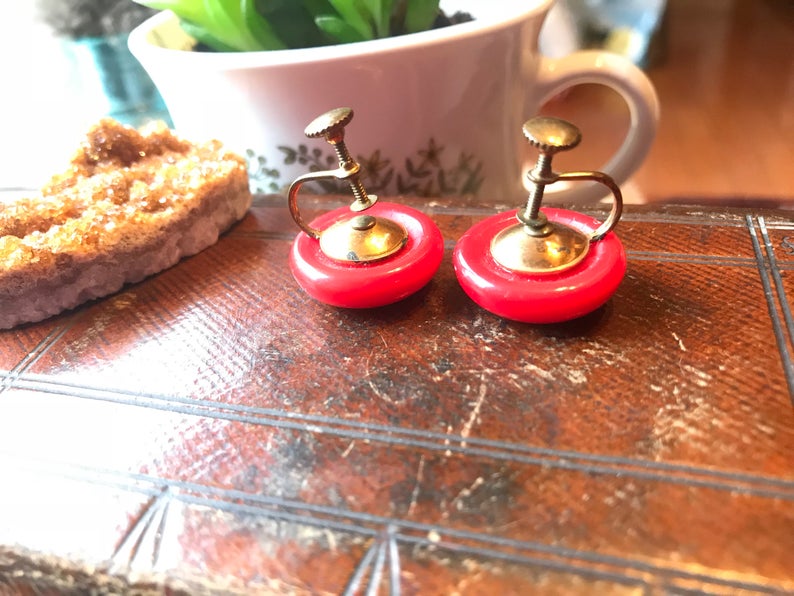 Antique Red Bakelite Screw Back Earrings 1930s