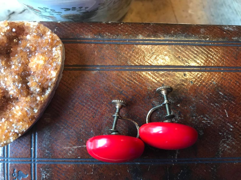Antique Red Bakelite Screw Back Earrings 1930s