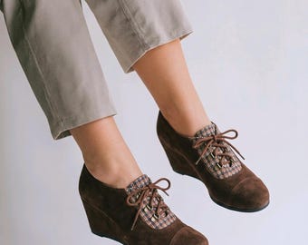 Vintage Aerosols Cincinnati Model Dark Brown Suede Harrington Bone Pattern Tweed Wedge