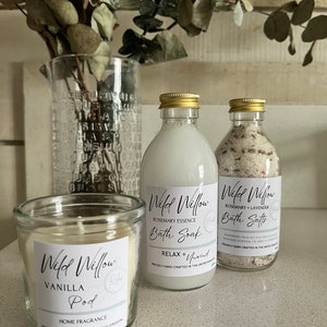 Wild Willow Jasmine + Rose | Rosemary + Lavender Bath Salt + Bath Soak + Vanilla Candle Glass Bottle Gift Box 2 Bottles 1 Candle Gift Set