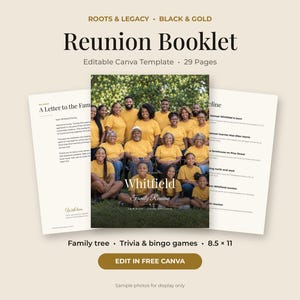 May include: A 29-page reunion booklet editable Canva template featuring a Roots & Legacy Black & Gold theme. The layout includes a family photo cover, a letter to the family, a timeline, family tree, and trivia and bingo games.