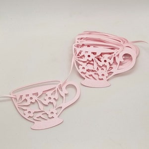 Pink Pearlescent Tea Cup Garland, pink birthday decorations, tea party decor, birthday decor, pink celebrations.