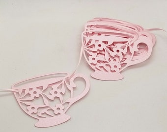 Pink Pearlescent Tea Cup Garland, pink birthday decorations, tea party decor, birthday decor, pink celebrations.