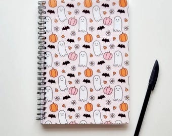 Pink Pastel Ghost, Pumpkin and Bat Journal.   Halloween Notepad. Pink Halloween Notepad, Journal.